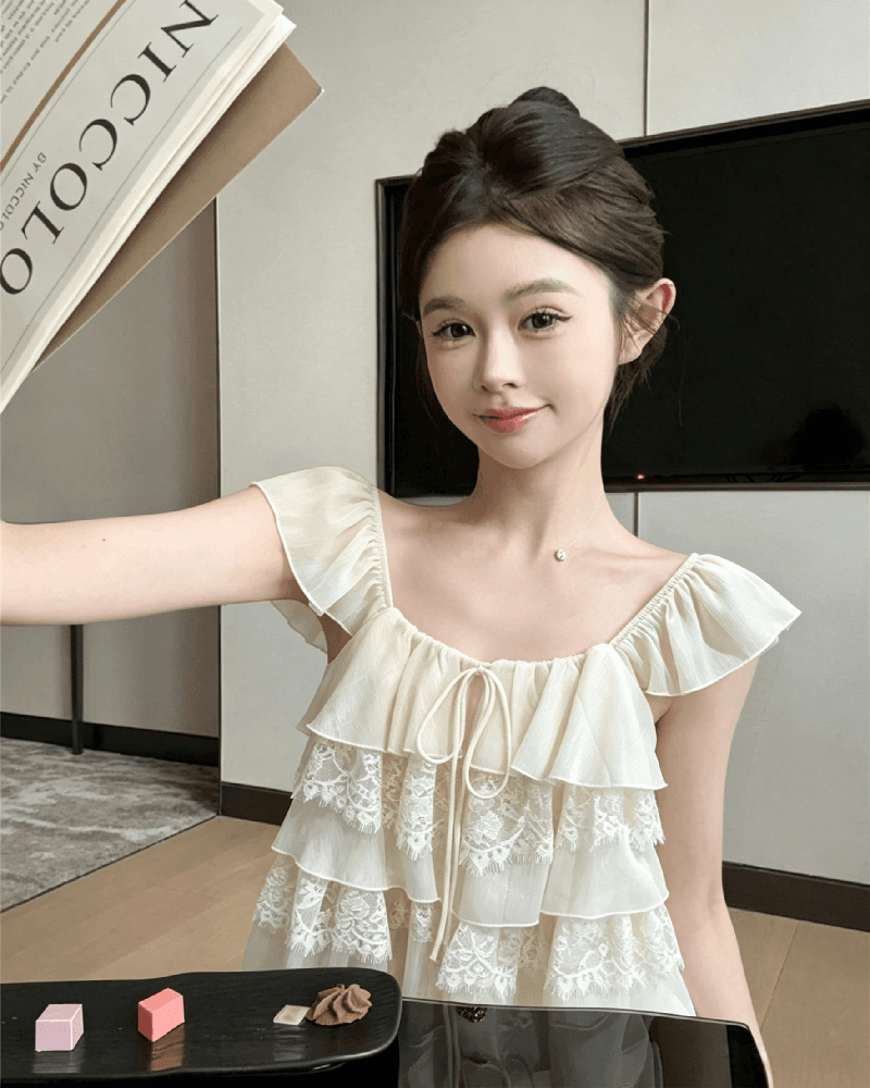 실사 정가 프랑스식 Feifei 소매 레이스 조각 쉬폰 작은 셔츠 여성 여름 순수한 욕망 한 부서 디자인 센스 루즈핏 맨위 상세 이미지 2