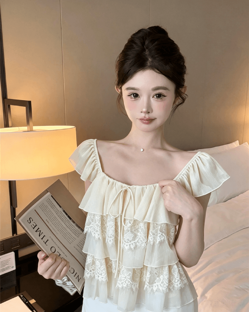실사 정가 프랑스식 Feifei 소매 레이스 조각 쉬폰 작은 셔츠 여성 여름 순수한 욕망 한 부서 디자인 센스 루즈핏 맨위 상세 이미지 4