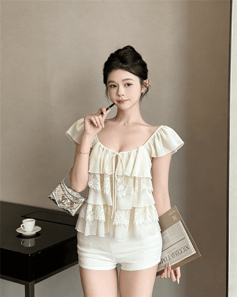 실사 정가 프랑스식 Feifei 소매 레이스 조각 쉬폰 작은 셔츠 여성 여름 순수한 욕망 한 부서 디자인 센스 루즈핏 맨위 상세 이미지 5