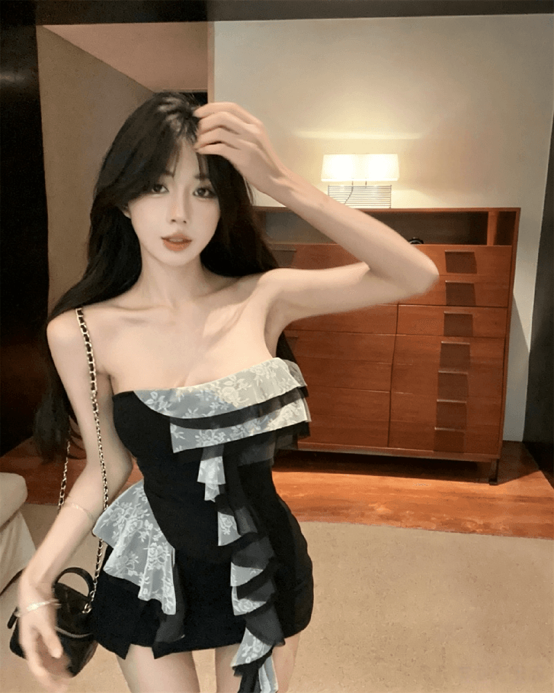 실사 정가 아메리칸 레트로 불규칙 프릴 리본 튜브탑 맨위 핫걸 조끼 여성 상세 이미지 1