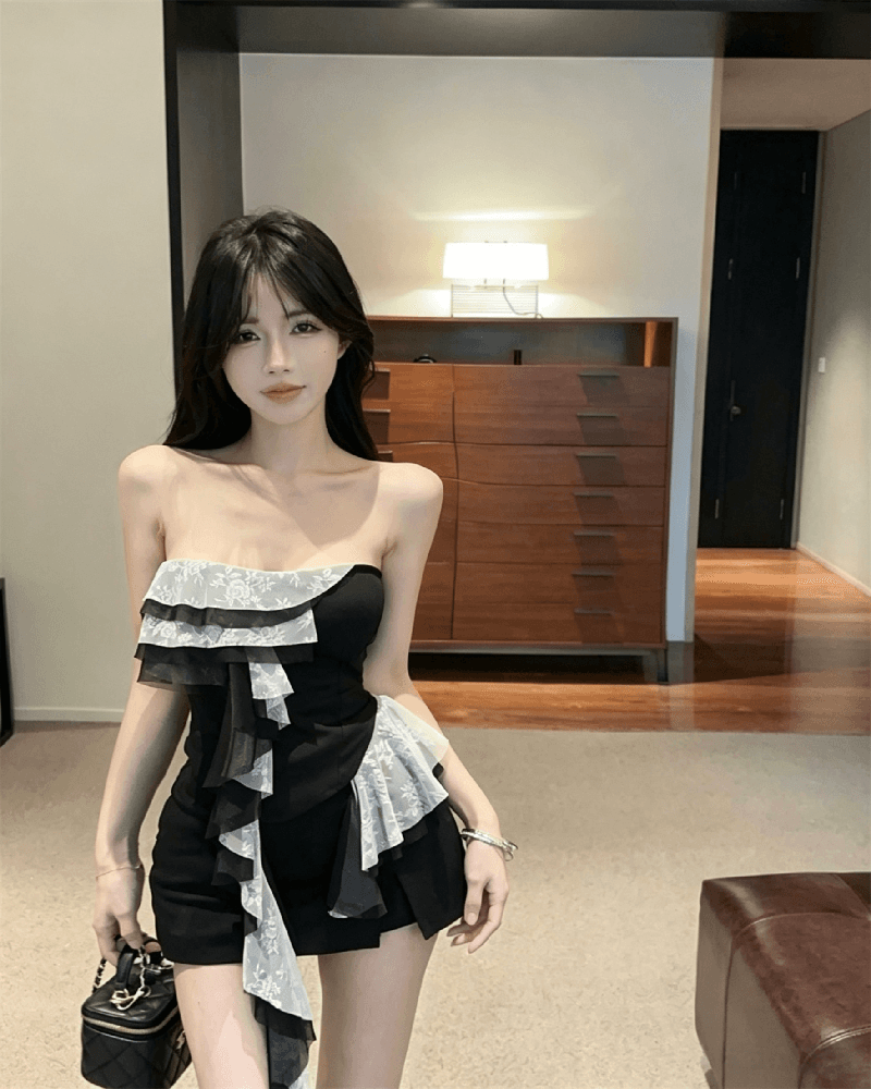 실사 정가 아메리칸 레트로 불규칙 프릴 리본 튜브탑 맨위 핫걸 조끼 여성 상세 이미지 2