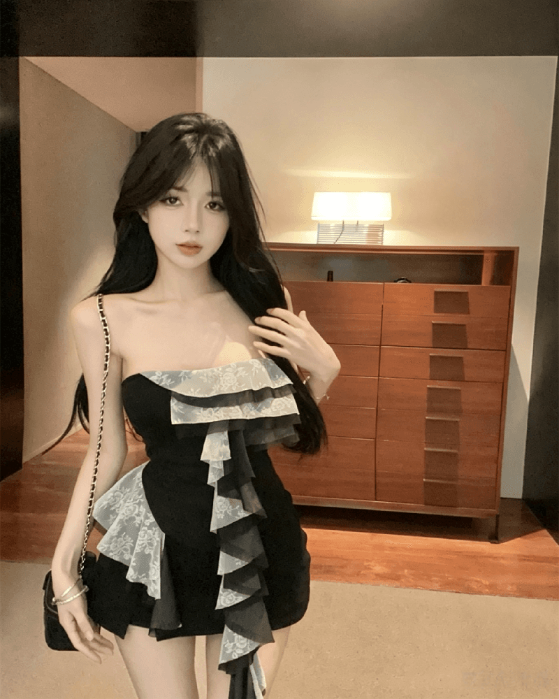 실사 정가 아메리칸 레트로 불규칙 프릴 리본 튜브탑 맨위 핫걸 조끼 여성 상세 이미지 7