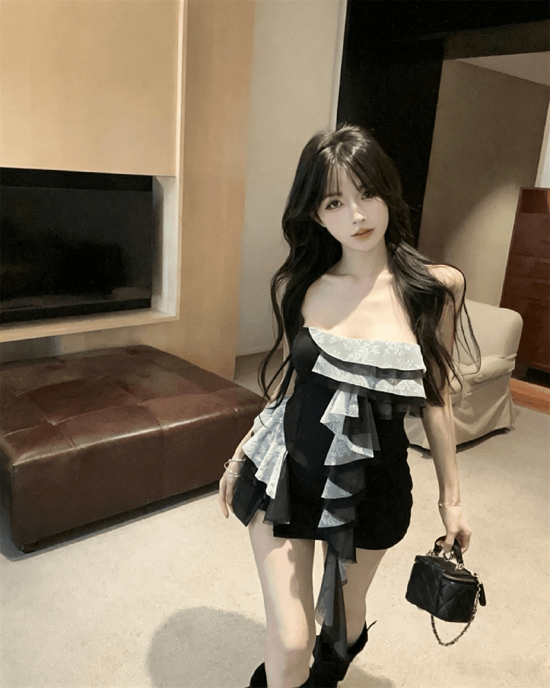 실사 정가 아메리칸 레트로 불규칙 프릴 리본 튜브탑 맨위 핫걸 조끼 여성 상세 이미지 10