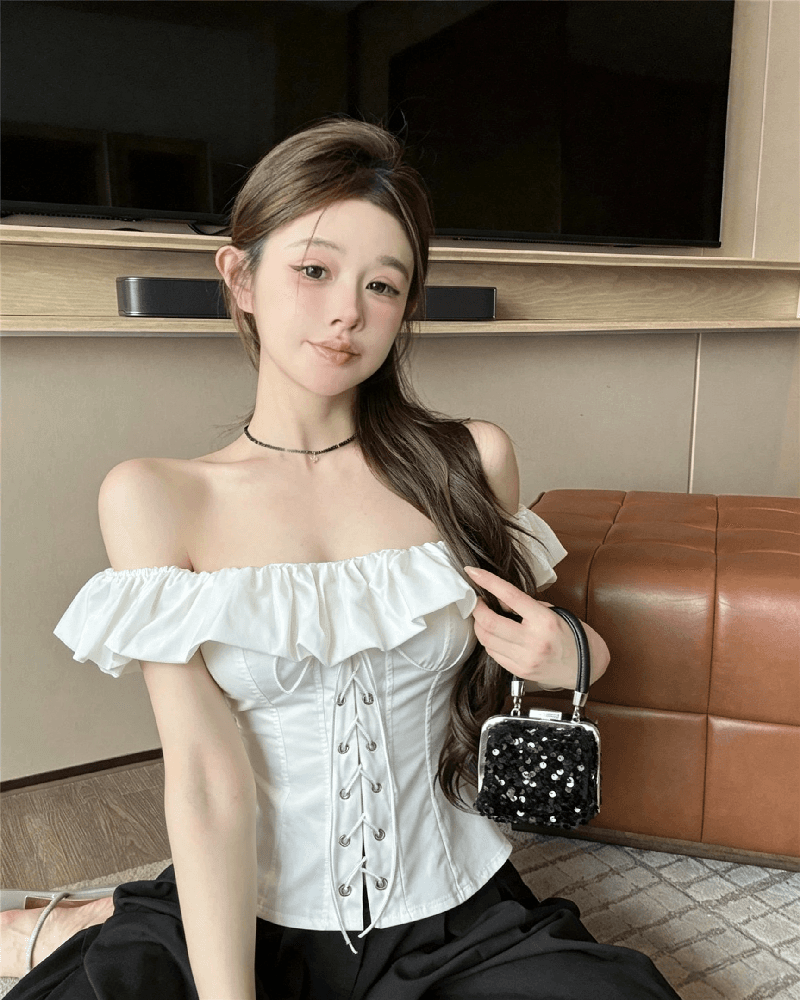 실사 정가 화이트 오프숄더 순수한 욕망 스트랩 생선뼈 코르셋 쇼트 스타일 여성 셔츠 여름 새로운 슬림해 보이는 맨위 상세 이미지 6