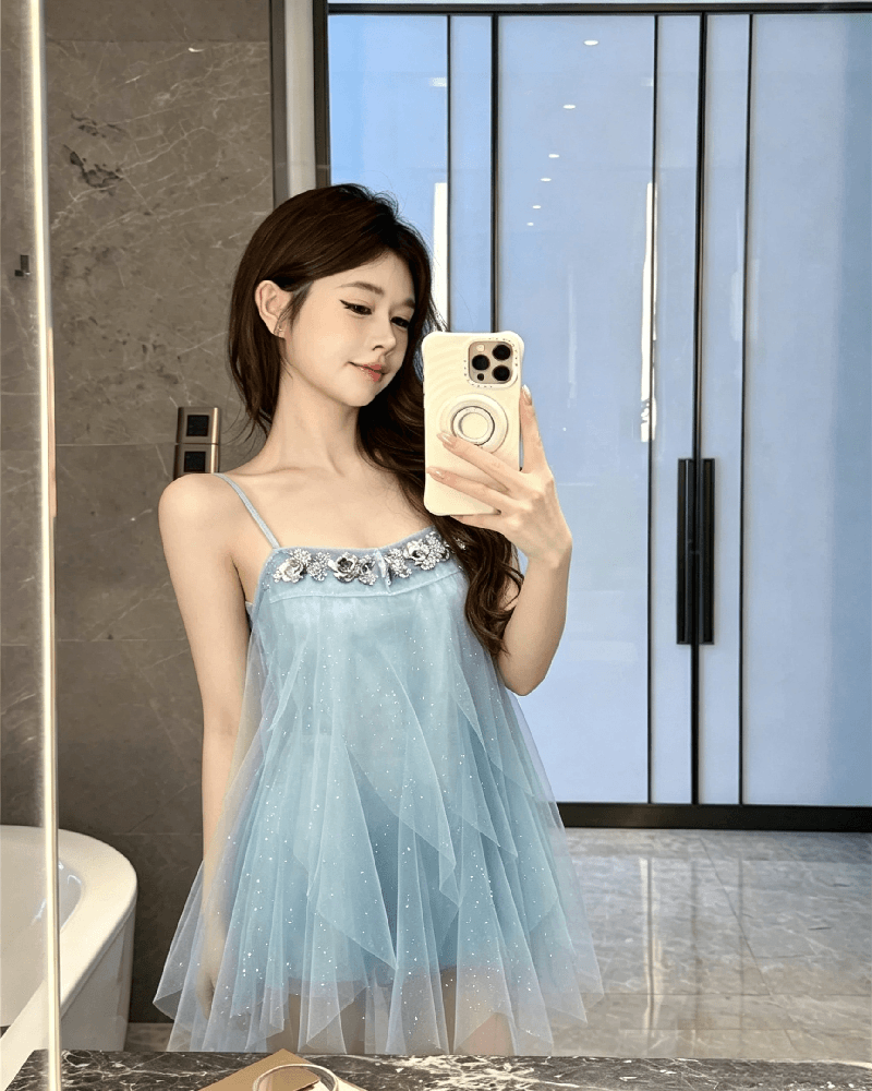 실사 정가 프랑스식 파란색 여성 드레스 고급 센스 루즈핏 슬림해 보이는 무거운 작업 불규칙 미니 스커트