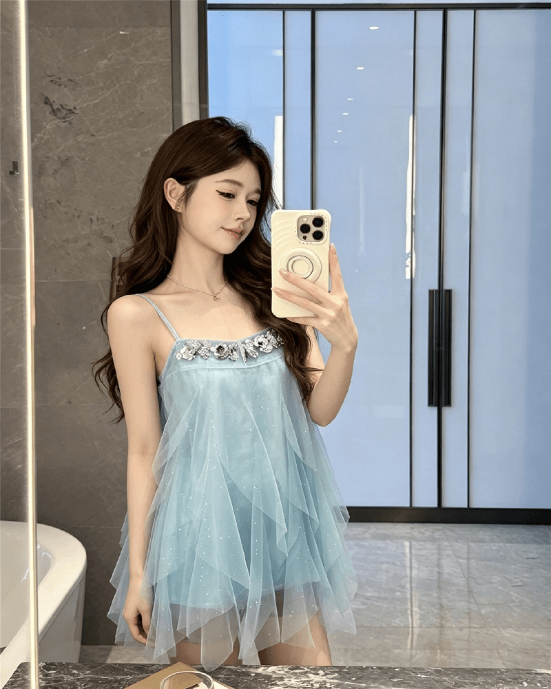 실사 정가 프랑스식 파란색 여성 드레스 고급 센스 루즈핏 슬림해 보이는 무거운 작업 불규칙 미니 스커트 상세 이미지 1