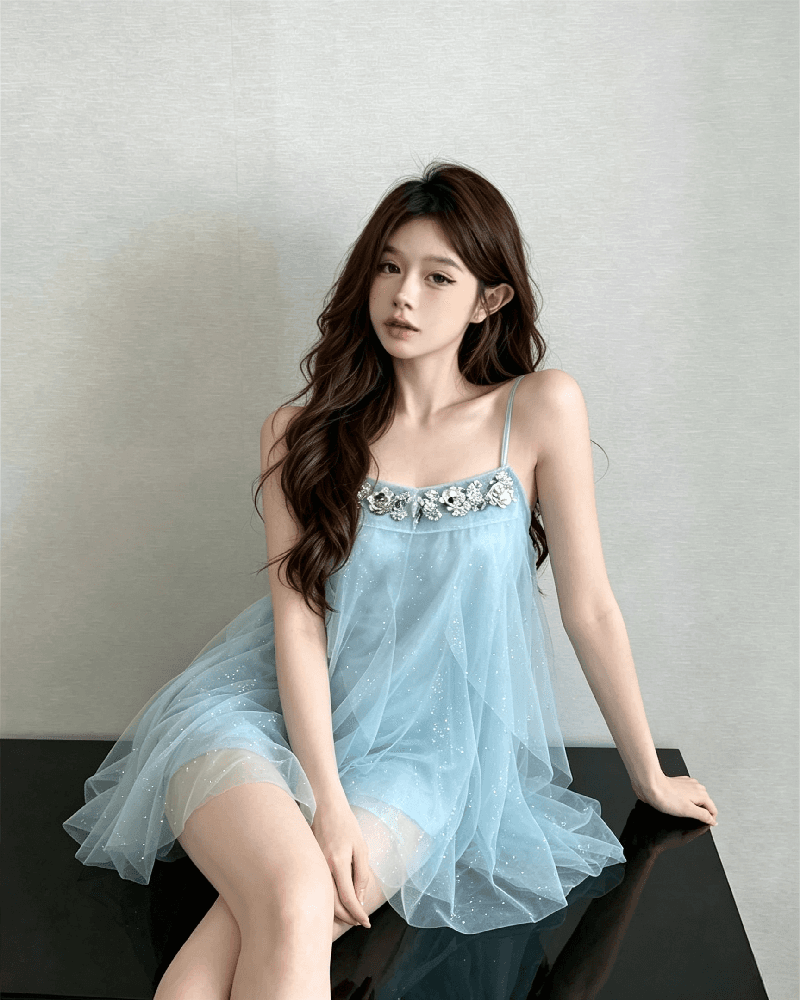 실사 정가 프랑스식 파란색 여성 드레스 고급 센스 루즈핏 슬림해 보이는 무거운 작업 불규칙 미니 스커트 상세 이미지 2