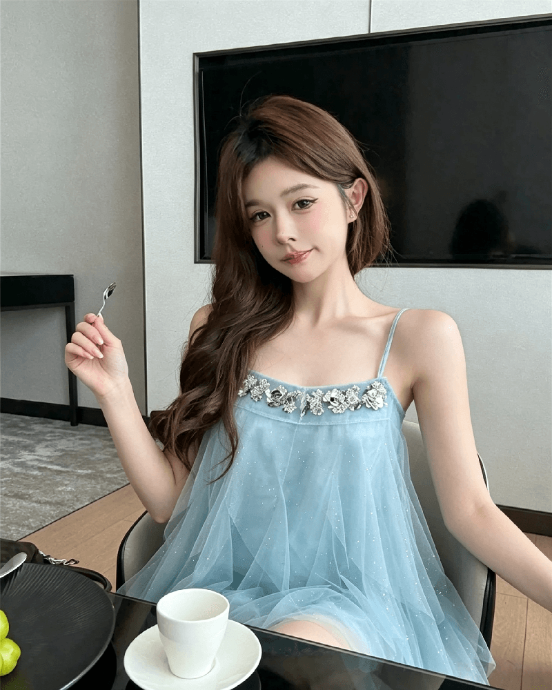 실사 정가 프랑스식 파란색 여성 드레스 고급 센스 루즈핏 슬림해 보이는 무거운 작업 불규칙 미니 스커트 상세 이미지 3