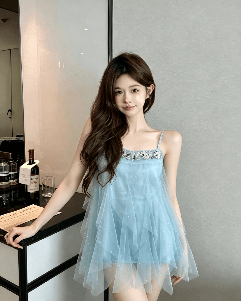 실사 정가 프랑스식 파란색 여성 드레스 고급 센스 루즈핏 슬림해 보이는 무거운 작업 불규칙 미니 스커트 상세 이미지 4
