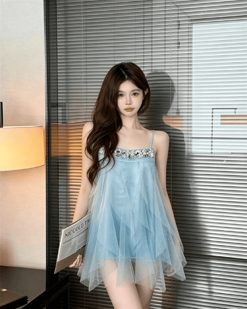 실사 정가 프랑스식 파란색 여성 드레스 고급 센스 루즈핏 슬림해 보이는 무거운 작업 불규칙 미니 스커트 상세 이미지 5