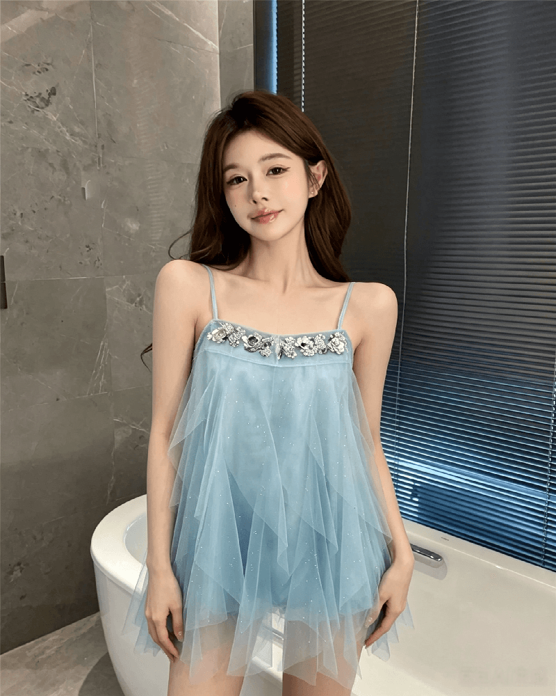 실사 정가 프랑스식 파란색 여성 드레스 고급 센스 루즈핏 슬림해 보이는 무거운 작업 불규칙 미니 스커트 상세 이미지 6