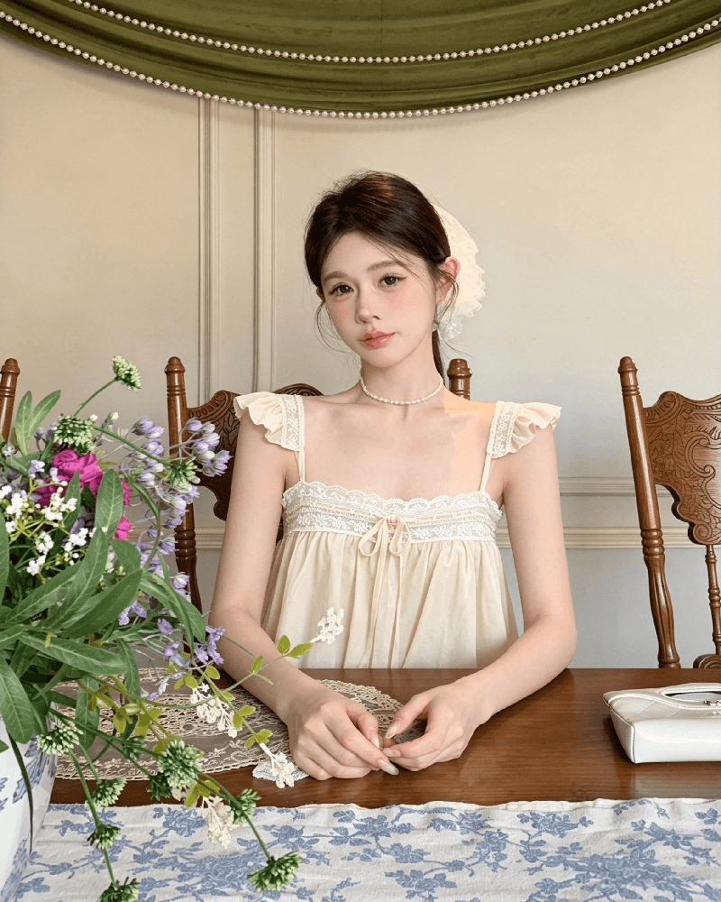 실사 정가 달콤함 레이스 레이스 작은 날다 소매 여성 여름 루즈핏 슬림해 보이는 슬립 민소매 조끼 맨위 상세 이미지 3