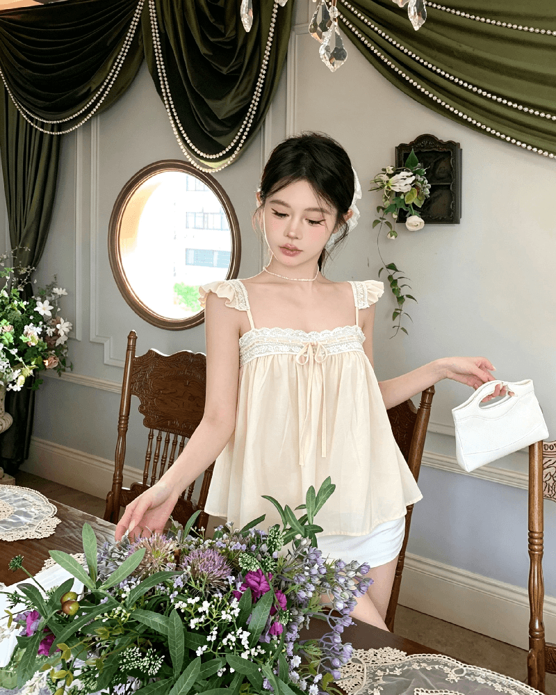 실사 정가 달콤함 레이스 레이스 작은 날다 소매 여성 여름 루즈핏 슬림해 보이는 슬립 민소매 조끼 맨위 상세 이미지 4