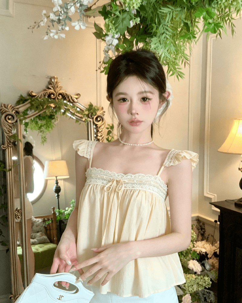 실사 정가 달콤함 레이스 레이스 작은 날다 소매 여성 여름 루즈핏 슬림해 보이는 슬립 민소매 조끼 맨위 상세 이미지 5
