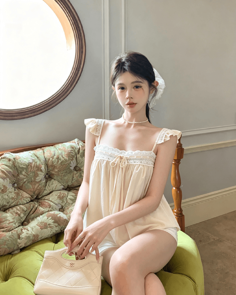실사 정가 달콤함 레이스 레이스 작은 날다 소매 여성 여름 루즈핏 슬림해 보이는 슬립 민소매 조끼 맨위 상세 이미지 11