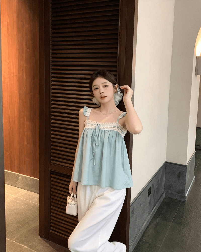 실사 정가 달콤함 레이스 레이스 작은 날다 소매 여성 여름 루즈핏 슬림해 보이는 슬립 민소매 조끼 맨위 상세 이미지 18