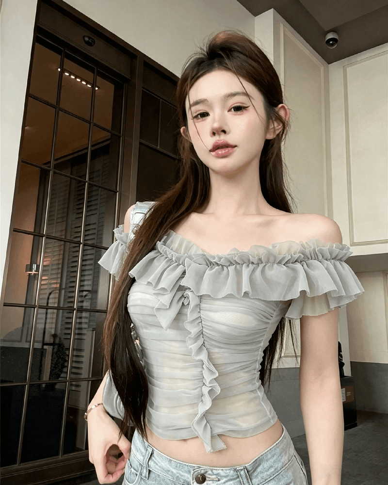 실사 정가 순수한 욕망 섹시함 망사 오프숄더 조끼 여성 품격 작은 대중 3 차원 주름 몸매 가꾸기 오프숄더 맨위