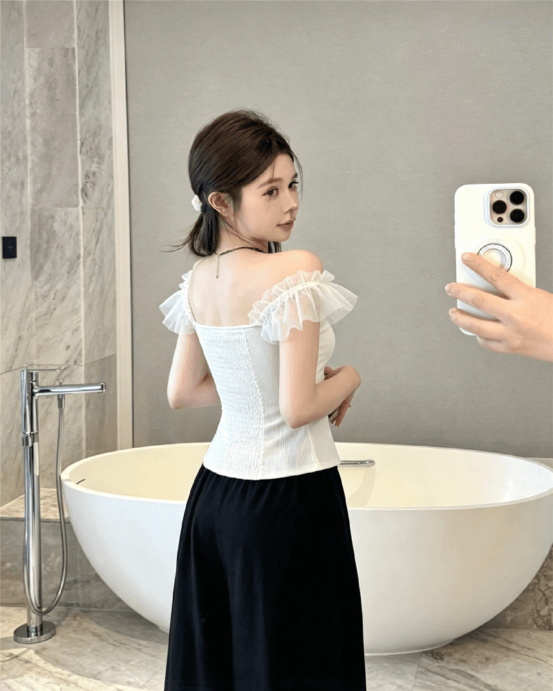 실사 정가 순수한 욕망 섹시함 망사 오프숄더 조끼 여성 품격 작은 대중 3 차원 주름 몸매 가꾸기 오프숄더 맨위 이미지 4