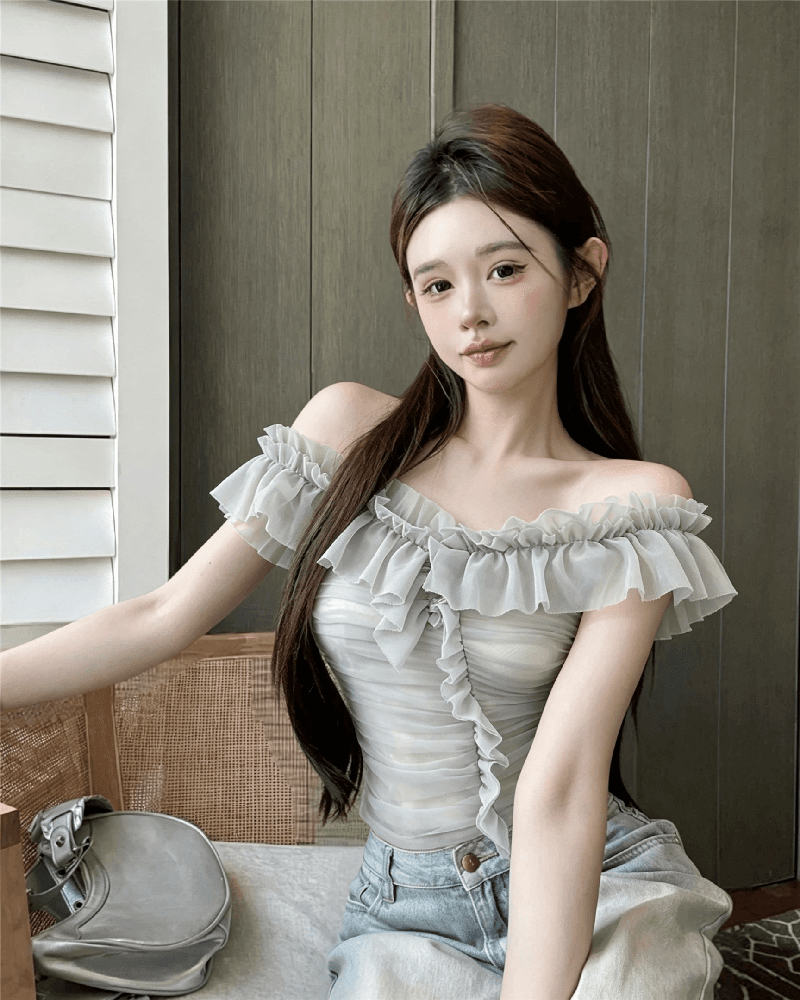 실사 정가 순수한 욕망 섹시함 망사 오프숄더 조끼 여성 품격 작은 대중 3 차원 주름 몸매 가꾸기 오프숄더 맨위 상세 이미지 1