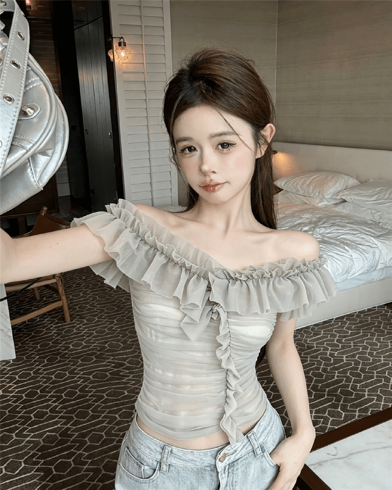 실사 정가 순수한 욕망 섹시함 망사 오프숄더 조끼 여성 품격 작은 대중 3 차원 주름 몸매 가꾸기 오프숄더 맨위 상세 이미지 2