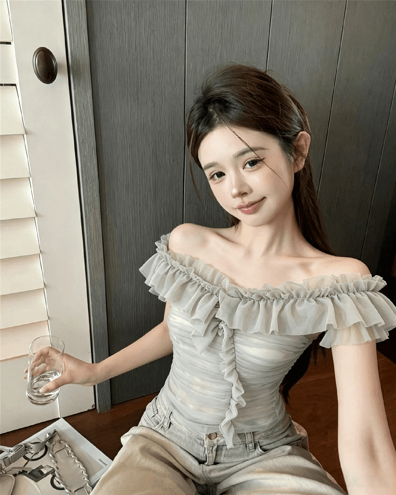 실사 정가 순수한 욕망 섹시함 망사 오프숄더 조끼 여성 품격 작은 대중 3 차원 주름 몸매 가꾸기 오프숄더 맨위 상세 이미지 3