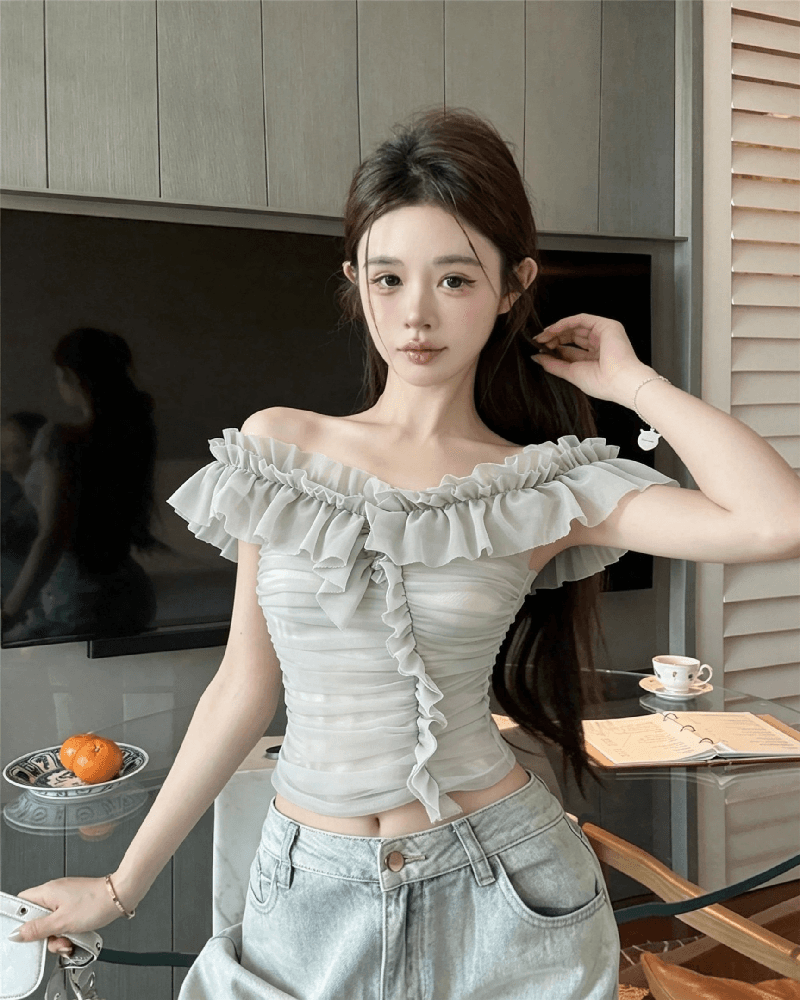 실사 정가 순수한 욕망 섹시함 망사 오프숄더 조끼 여성 품격 작은 대중 3 차원 주름 몸매 가꾸기 오프숄더 맨위 상세 이미지 5