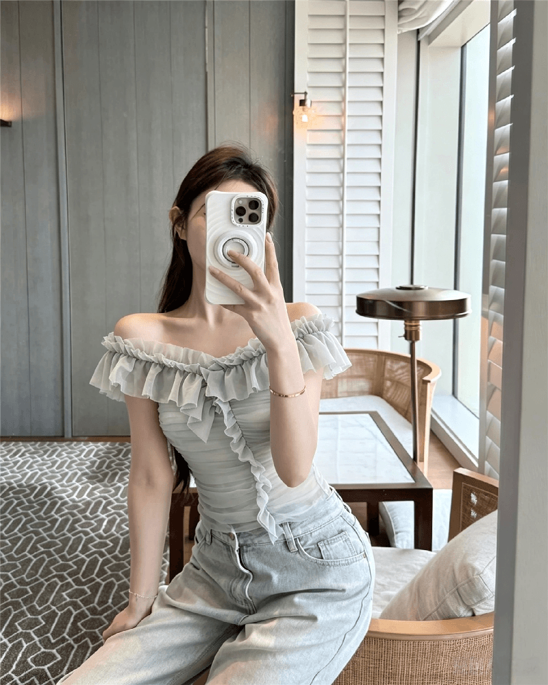 실사 정가 순수한 욕망 섹시함 망사 오프숄더 조끼 여성 품격 작은 대중 3 차원 주름 몸매 가꾸기 오프숄더 맨위 상세 이미지 6