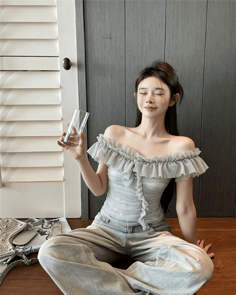 실사 정가 순수한 욕망 섹시함 망사 오프숄더 조끼 여성 품격 작은 대중 3 차원 주름 몸매 가꾸기 오프숄더 맨위 상세 이미지 7