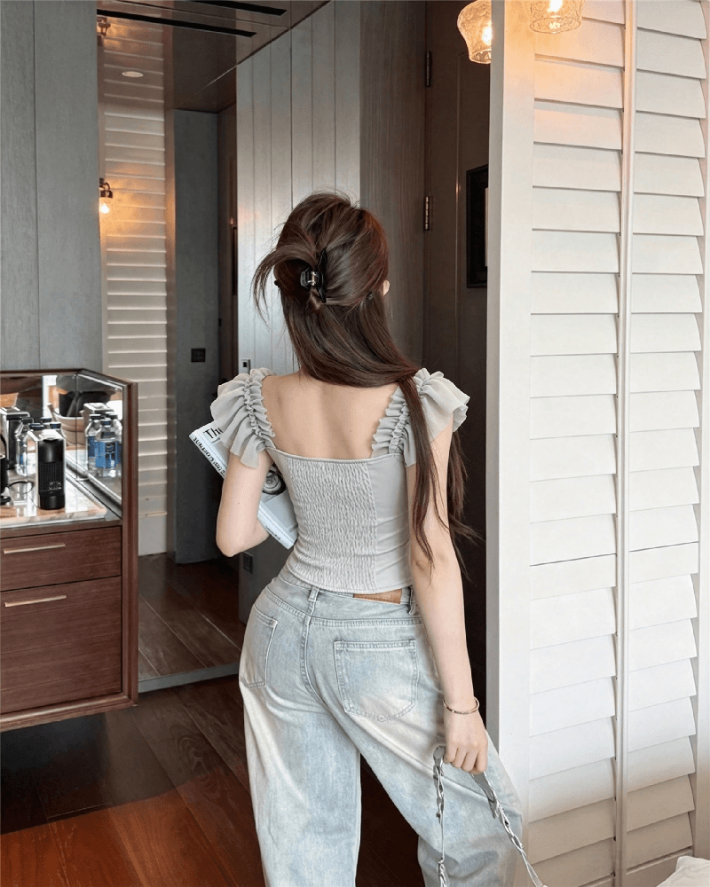 실사 정가 순수한 욕망 섹시함 망사 오프숄더 조끼 여성 품격 작은 대중 3 차원 주름 몸매 가꾸기 오프숄더 맨위 상세 이미지 9