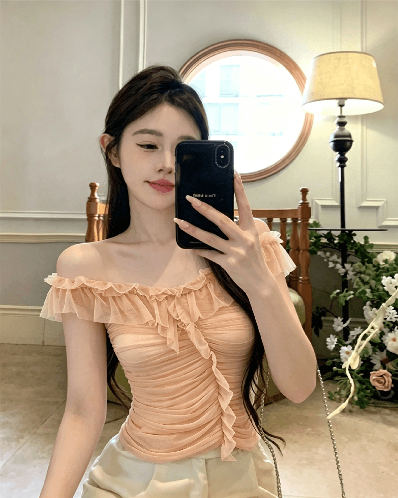 실사 정가 순수한 욕망 섹시함 망사 오프숄더 조끼 여성 품격 작은 대중 3 차원 주름 몸매 가꾸기 오프숄더 맨위 상세 이미지 10