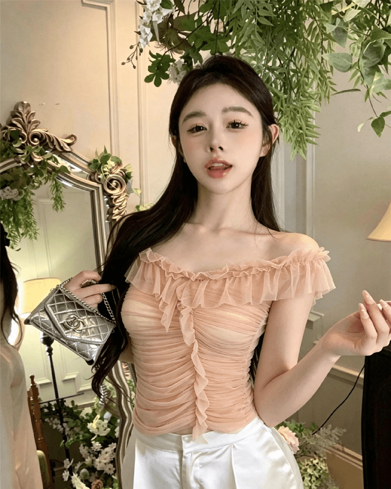 실사 정가 순수한 욕망 섹시함 망사 오프숄더 조끼 여성 품격 작은 대중 3 차원 주름 몸매 가꾸기 오프숄더 맨위 상세 이미지 12