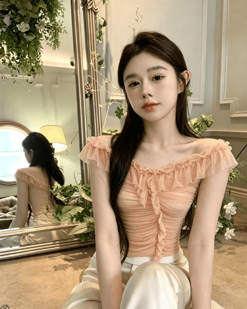 실사 정가 순수한 욕망 섹시함 망사 오프숄더 조끼 여성 품격 작은 대중 3 차원 주름 몸매 가꾸기 오프숄더 맨위 상세 이미지 13