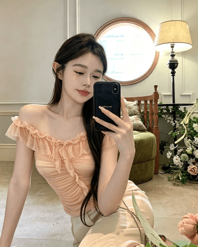 실사 정가 순수한 욕망 섹시함 망사 오프숄더 조끼 여성 품격 작은 대중 3 차원 주름 몸매 가꾸기 오프숄더 맨위 상세 이미지 14