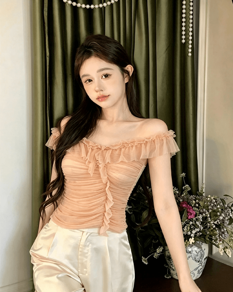 실사 정가 순수한 욕망 섹시함 망사 오프숄더 조끼 여성 품격 작은 대중 3 차원 주름 몸매 가꾸기 오프숄더 맨위 상세 이미지 15