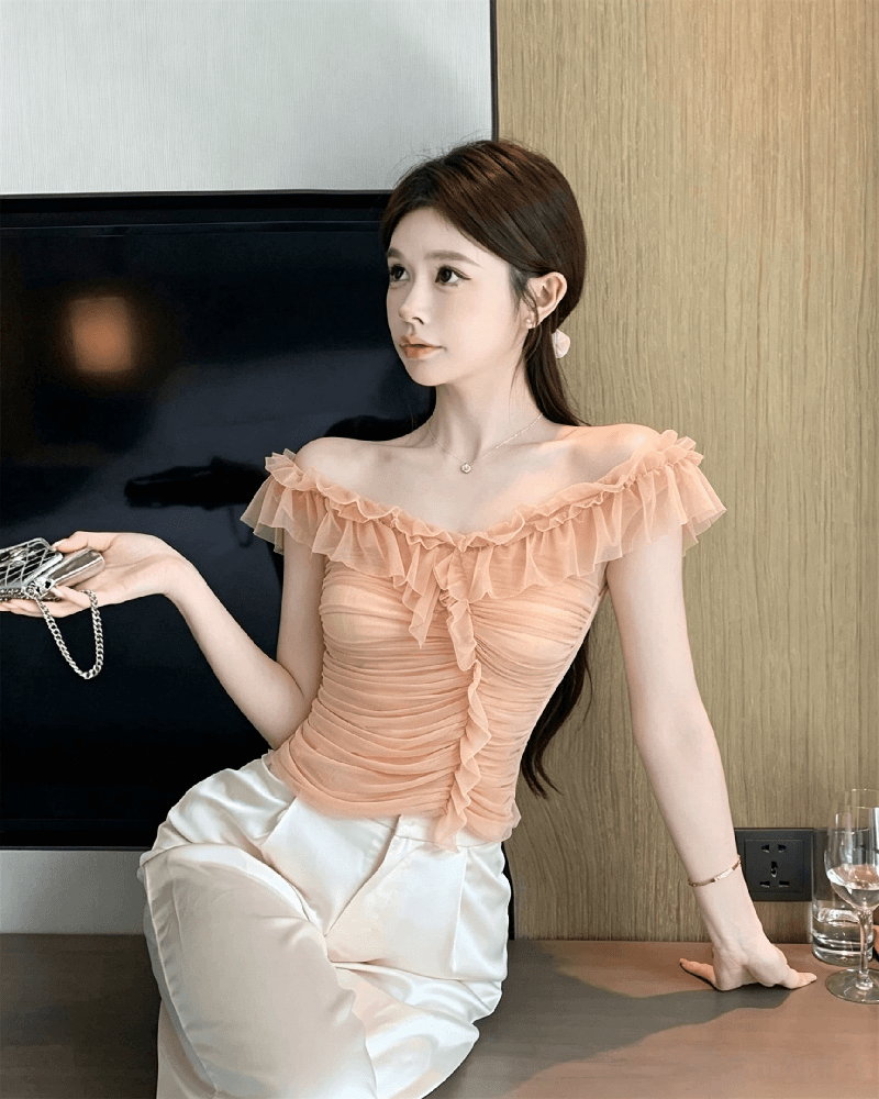 실사 정가 순수한 욕망 섹시함 망사 오프숄더 조끼 여성 품격 작은 대중 3 차원 주름 몸매 가꾸기 오프숄더 맨위 상세 이미지 16
