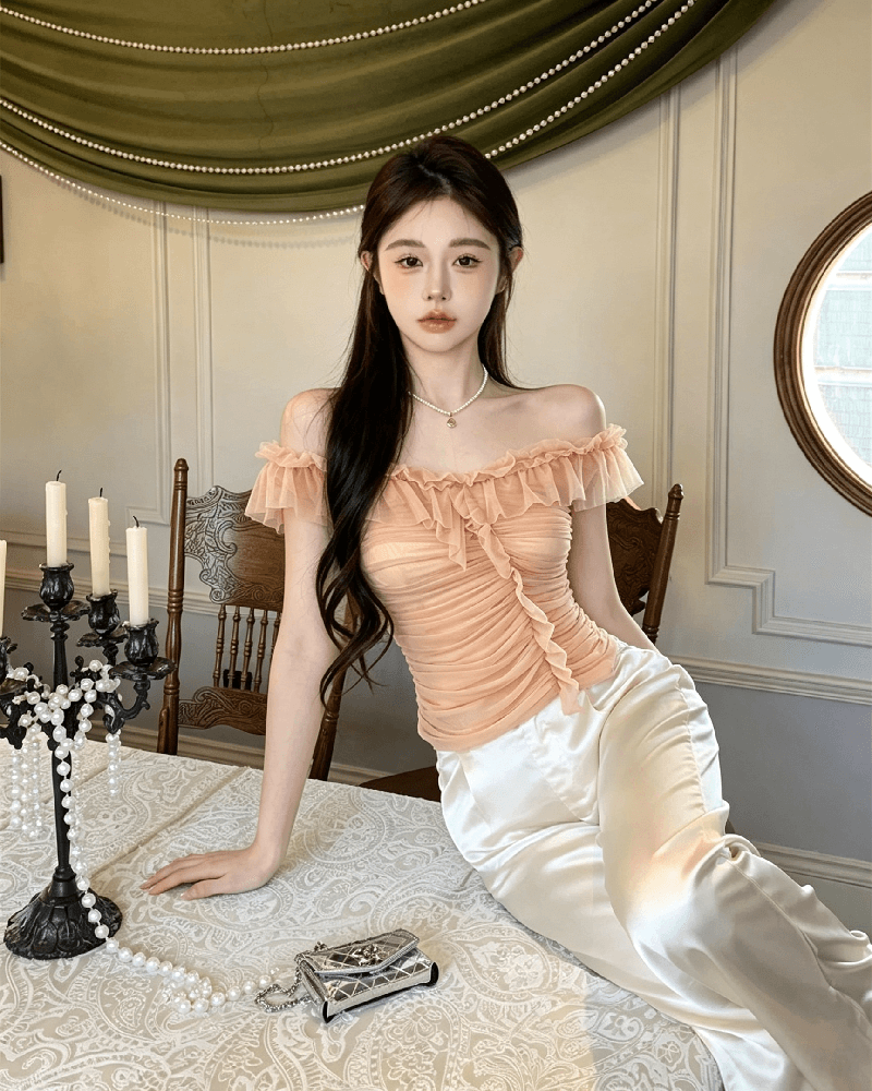 실사 정가 순수한 욕망 섹시함 망사 오프숄더 조끼 여성 품격 작은 대중 3 차원 주름 몸매 가꾸기 오프숄더 맨위 상세 이미지 17