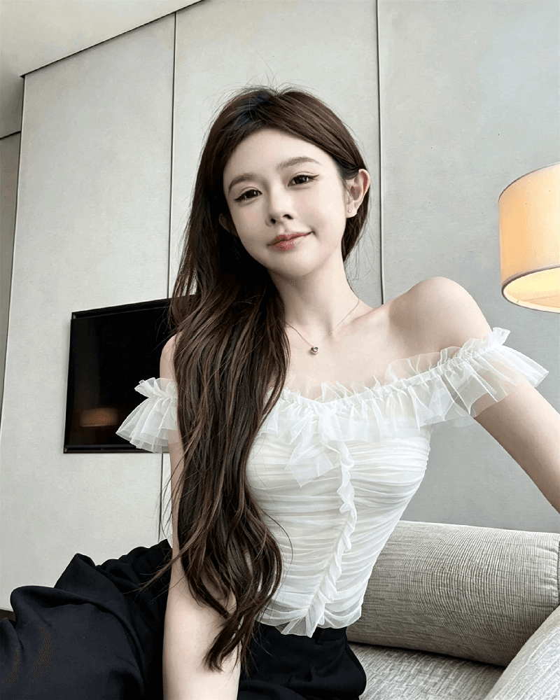 실사 정가 순수한 욕망 섹시함 망사 오프숄더 조끼 여성 품격 작은 대중 3 차원 주름 몸매 가꾸기 오프숄더 맨위 상세 이미지 18