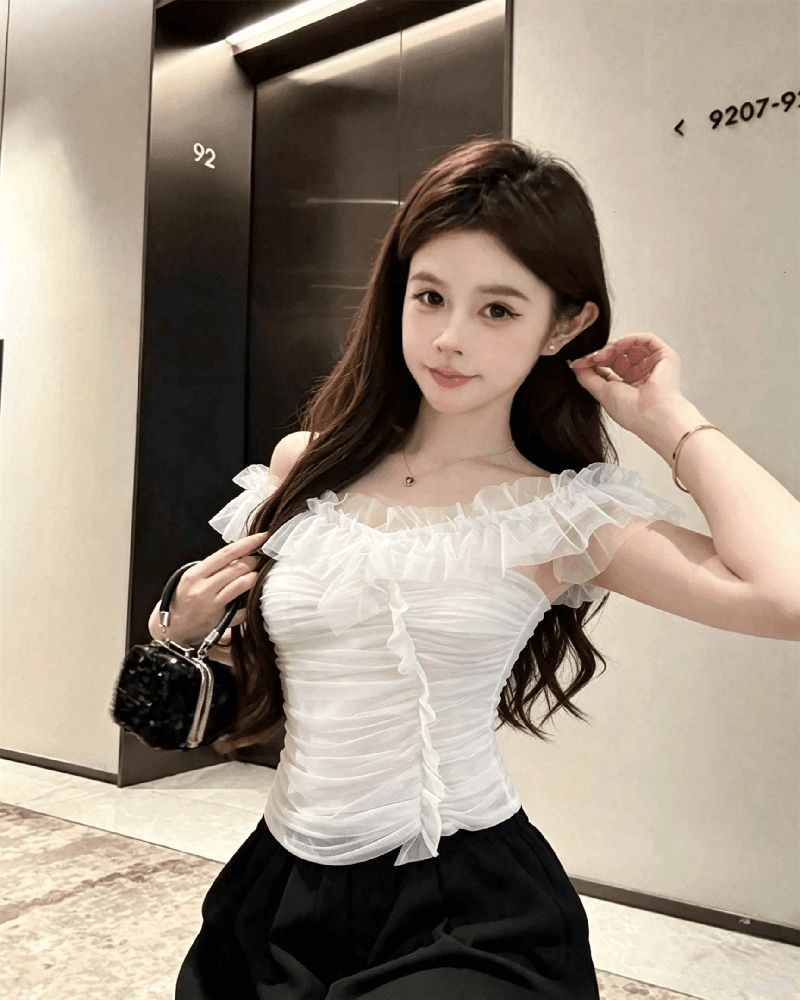 실사 정가 순수한 욕망 섹시함 망사 오프숄더 조끼 여성 품격 작은 대중 3 차원 주름 몸매 가꾸기 오프숄더 맨위 상세 이미지 19
