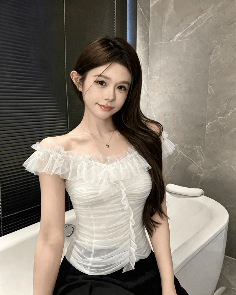 실사 정가 순수한 욕망 섹시함 망사 오프숄더 조끼 여성 품격 작은 대중 3 차원 주름 몸매 가꾸기 오프숄더 맨위 상세 이미지 20