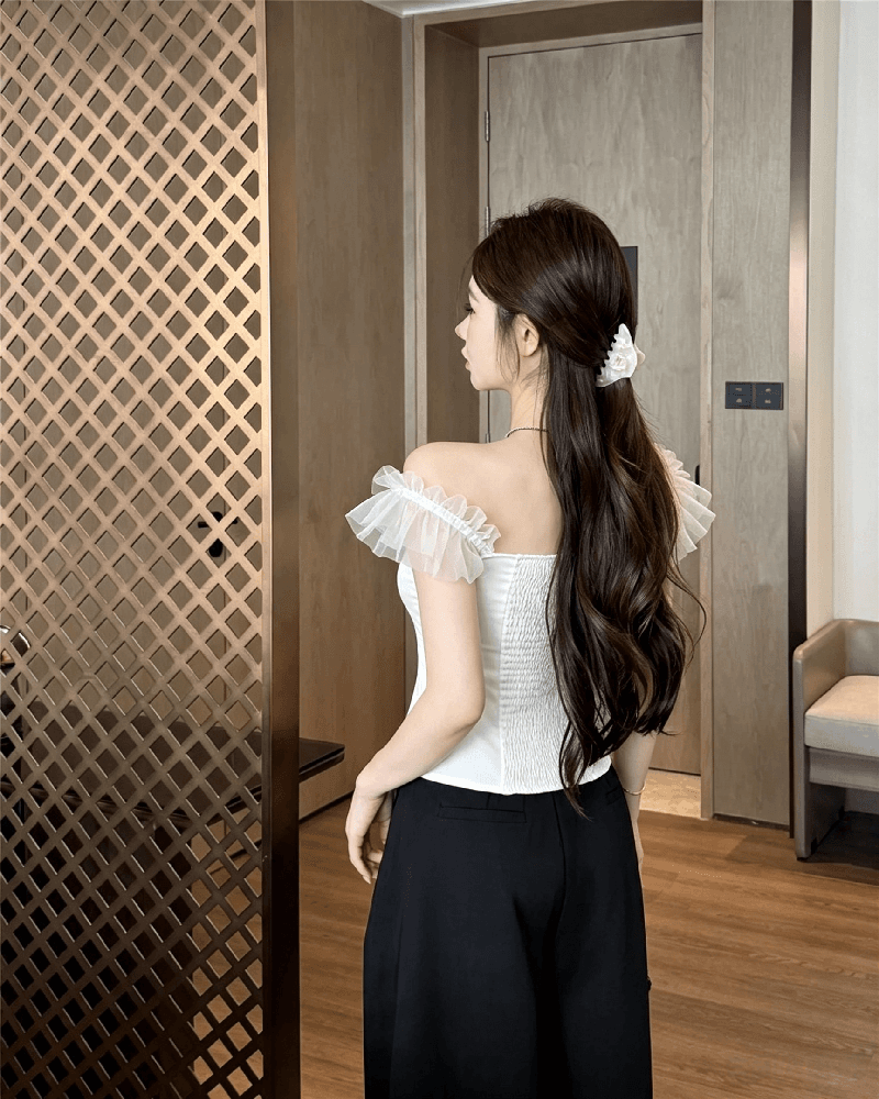 실사 정가 순수한 욕망 섹시함 망사 오프숄더 조끼 여성 품격 작은 대중 3 차원 주름 몸매 가꾸기 오프숄더 맨위 상세 이미지 25