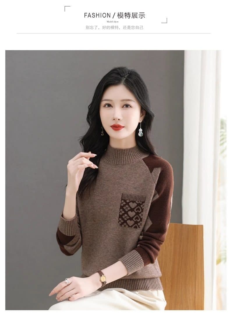 카디건 여성 가을 겨울 새로운 반하이넥 스웨터 패치워크 색상 인사이드 가져 가라. 보온 니트 기본 셔츠 상세 이미지 11