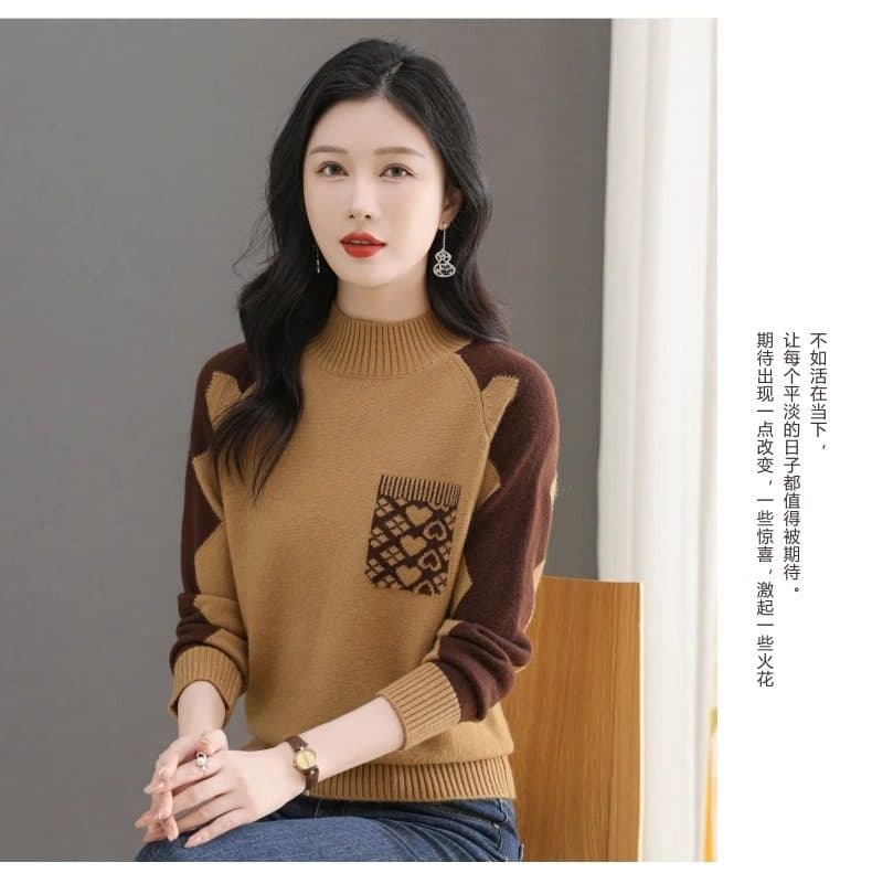 카디건 여성 가을 겨울 새로운 반하이넥 스웨터 패치워크 색상 인사이드 가져 가라. 보온 니트 기본 셔츠 상세 이미지 17