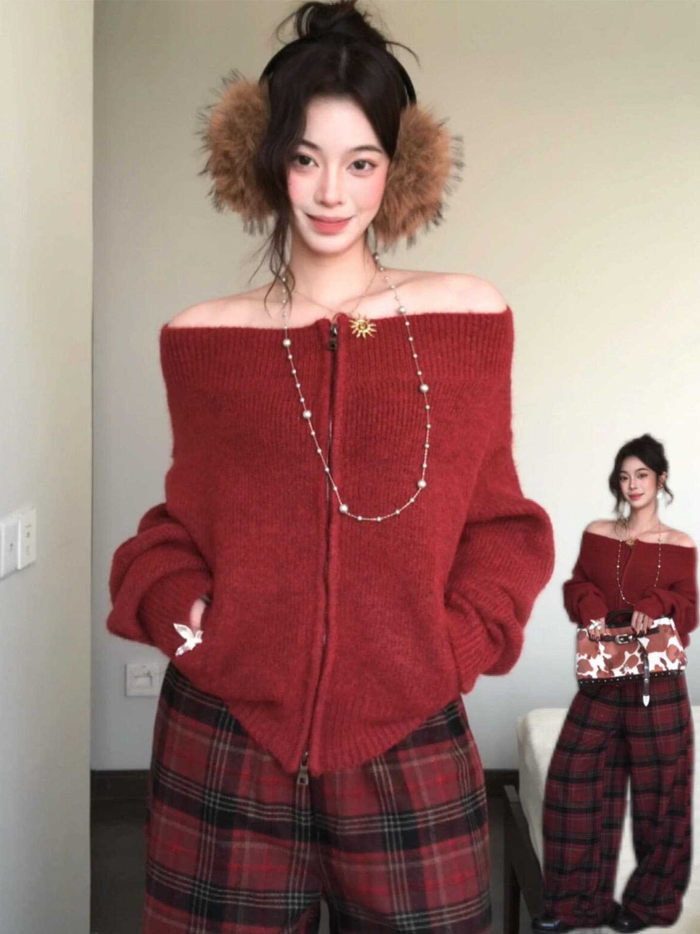 한 부서 빨간색 오프숄더 스웨터 여자 가을 겨울철 루즈핏 느긋한 핫걸 오프숄더 긴팔 니트 스웨터 카디건 코트 이미지 2