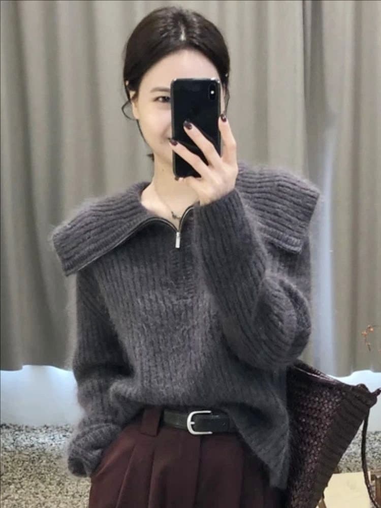 느긋한 바람 가을 겨울 고급 센스 마 하이 울 스웨터 여자 2025 새로운 겨울 루즈핏 디자인 센스 니트 맨위 상세 이미지 6
