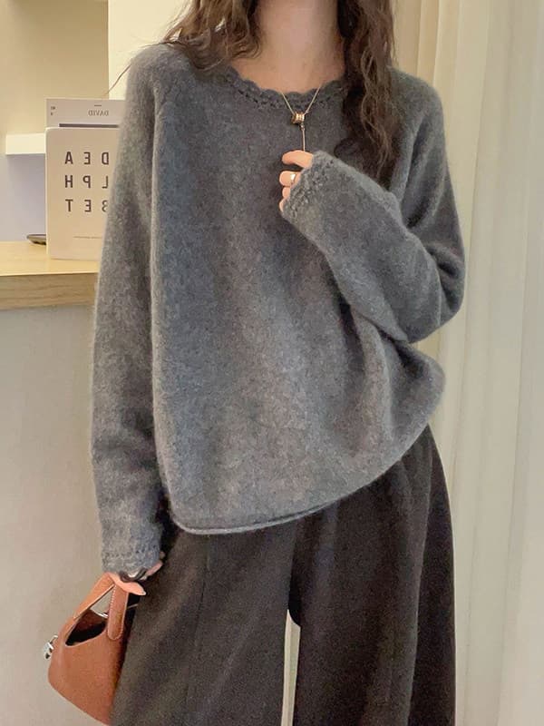 느긋한 바람 레이스 라운드 넥 봄 가을 여성 화이트 스웨터 루즈핏 슬림해 보이는 다용도 니트 스웨터 패션 만나는 맨위 이미지 2