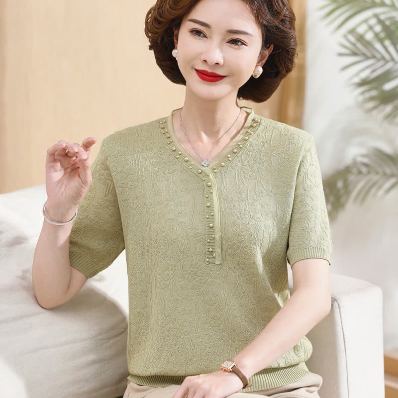 영 엄마 여름 드레스 새로운 얼음 실크 작은 셔츠 반팔 티셔츠 중년 여성 패션 세트 어머니의 날 옷 이미지 5