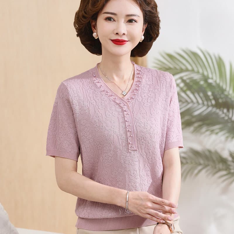 영 엄마 여름 드레스 새로운 얼음 실크 작은 셔츠 반팔 티셔츠 중년 여성 패션 세트 어머니의 날 옷 이미지 3
