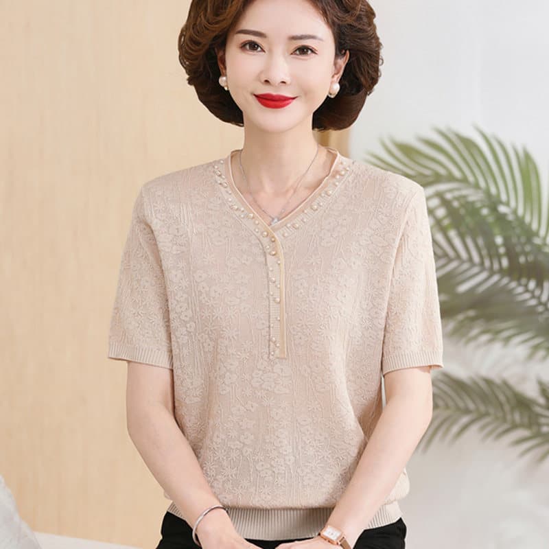 영 엄마 여름 드레스 새로운 얼음 실크 작은 셔츠 반팔 티셔츠 중년 여성 패션 세트 어머니의 날 옷 상세 이미지 1