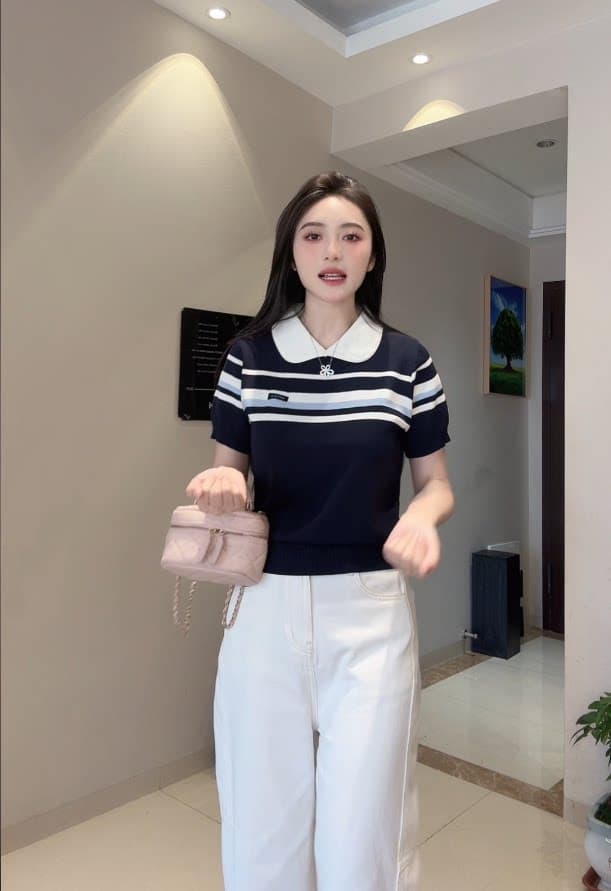한 부서 자이언트 잘 생긴 베이비 칼라 얼음 실크 반팔 니트 스웨터 티셔츠 여성 봄 여름 새로운 다용도 연령 감소 맨위 상세 이미지 3