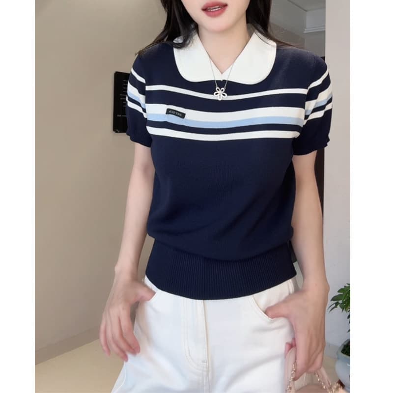 한 부서 자이언트 잘 생긴 베이비 칼라 얼음 실크 반팔 니트 스웨터 티셔츠 여성 봄 여름 새로운 다용도 연령 감소 맨위 상세 이미지 4